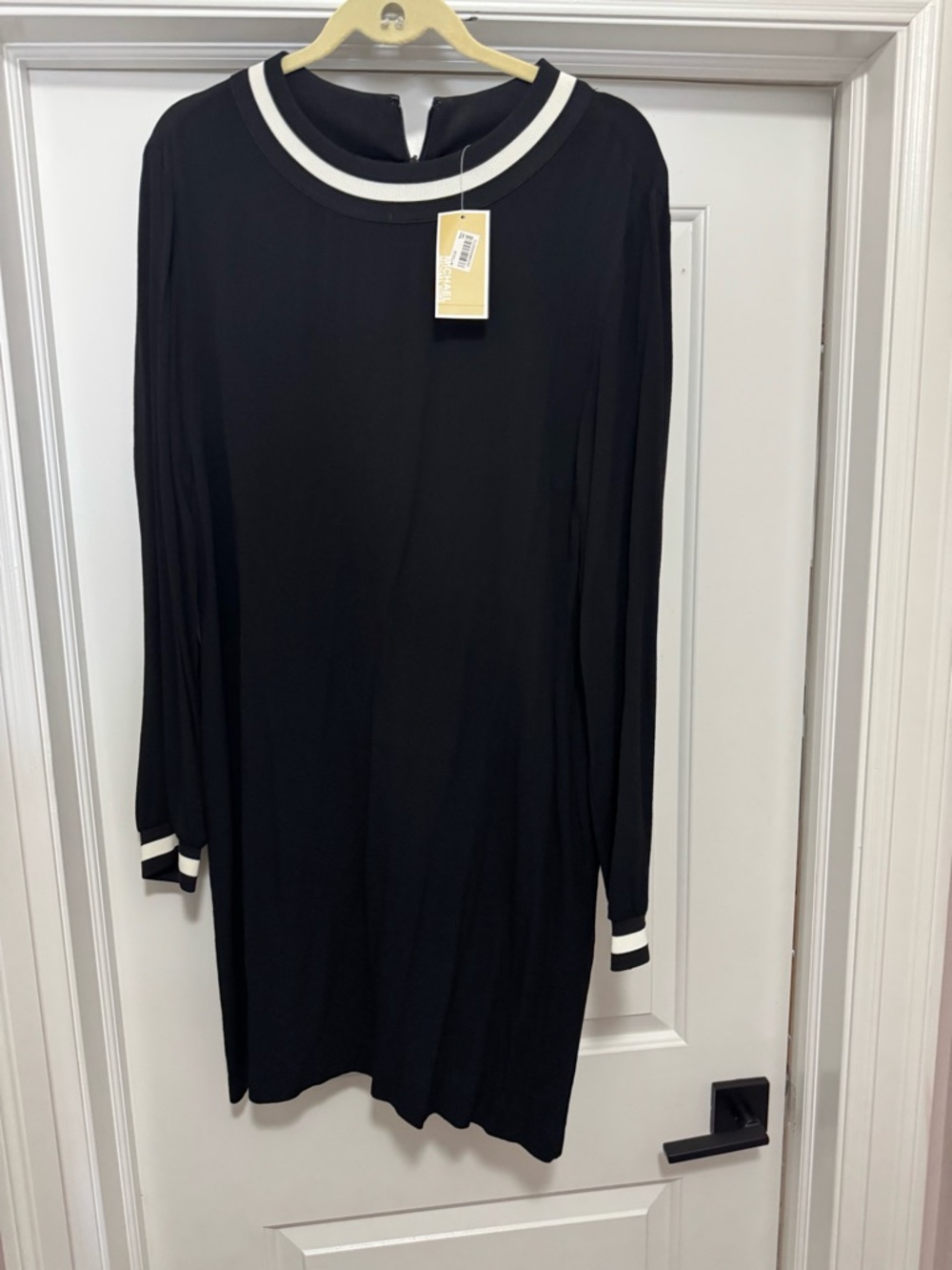 Michael Kors Black Long-Sleeve Shift Dress with White Trim